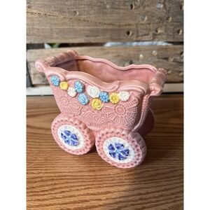Napco Vintage Baby Carriage Pink Floral Planter Ceramic